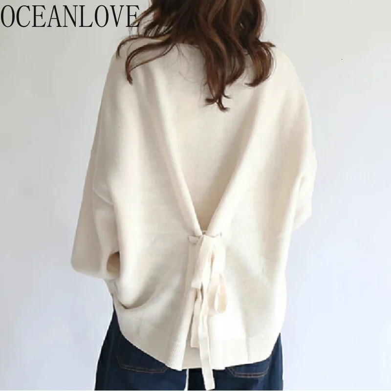 Oceanlove Hoodie Japan Style Back Bandage Loose Autumn Winter Sweatshirts Elegant Solid Casual All Match Women Hoodies 250709
