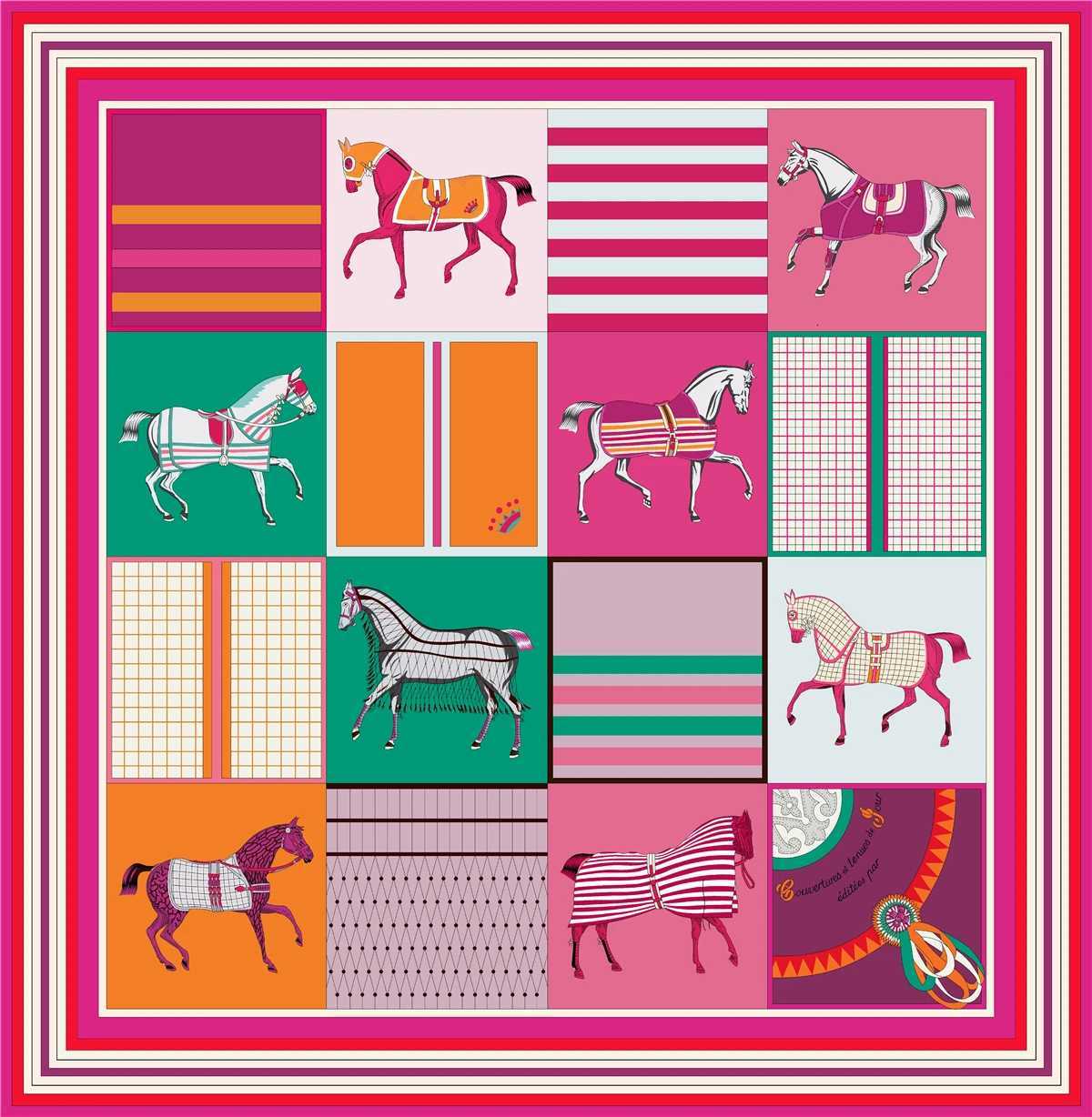 90cm Classic Checkered Horse Brand Square Scarf Women Twill Silk Scarf Shawl Hijab Luxury Bandana Foulard Neckerchief Head Scarf M250709