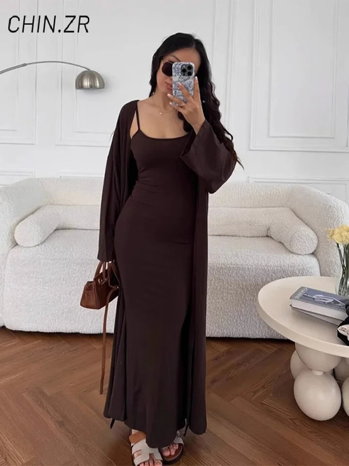 2 Piece Set Women Slim Sleeveless Dresses Casual Long Sling Dress Cardigan Solid Full Sleeve Cardigans Summer Lady Outfit 250709