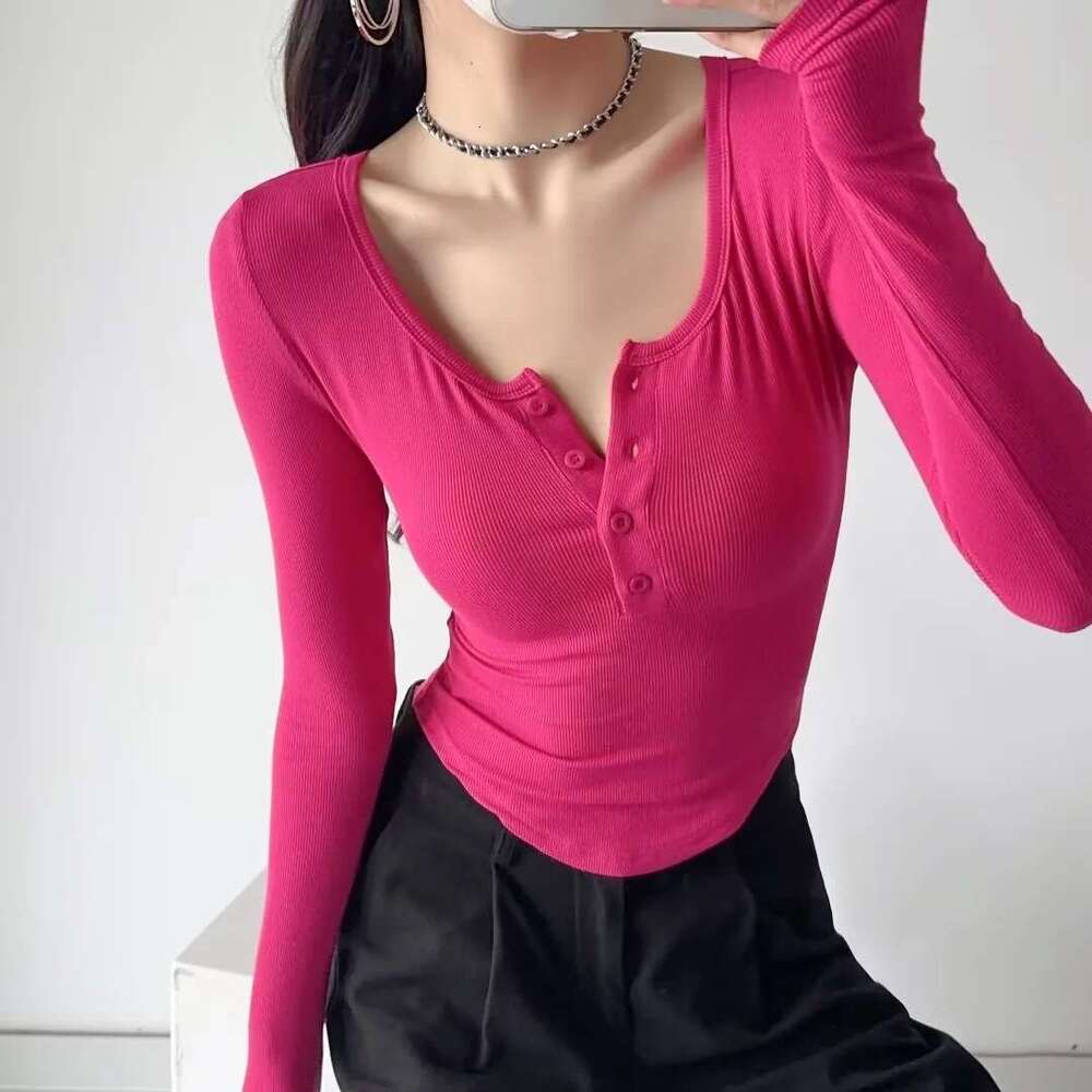 Spicy Girl Half-Button Round Neck Curved Edge Long Sleeve T-Shirt Base Shirt For Women Solid Color Stretch Slim Fit Inner Wear Top B5