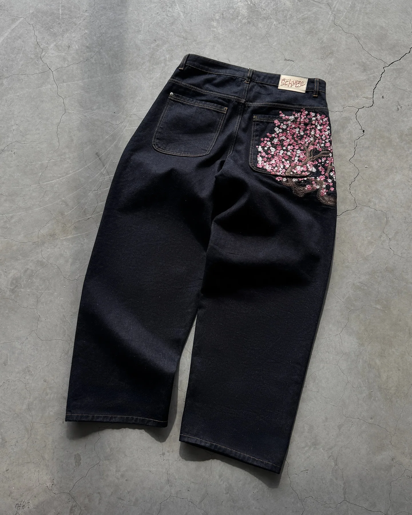 Derschutze Patchwork Cherry Blossom Embroidery Denim Pants Y2k Vintage Women Baggy Straight Wide Leg Jeans Street Men Clothes