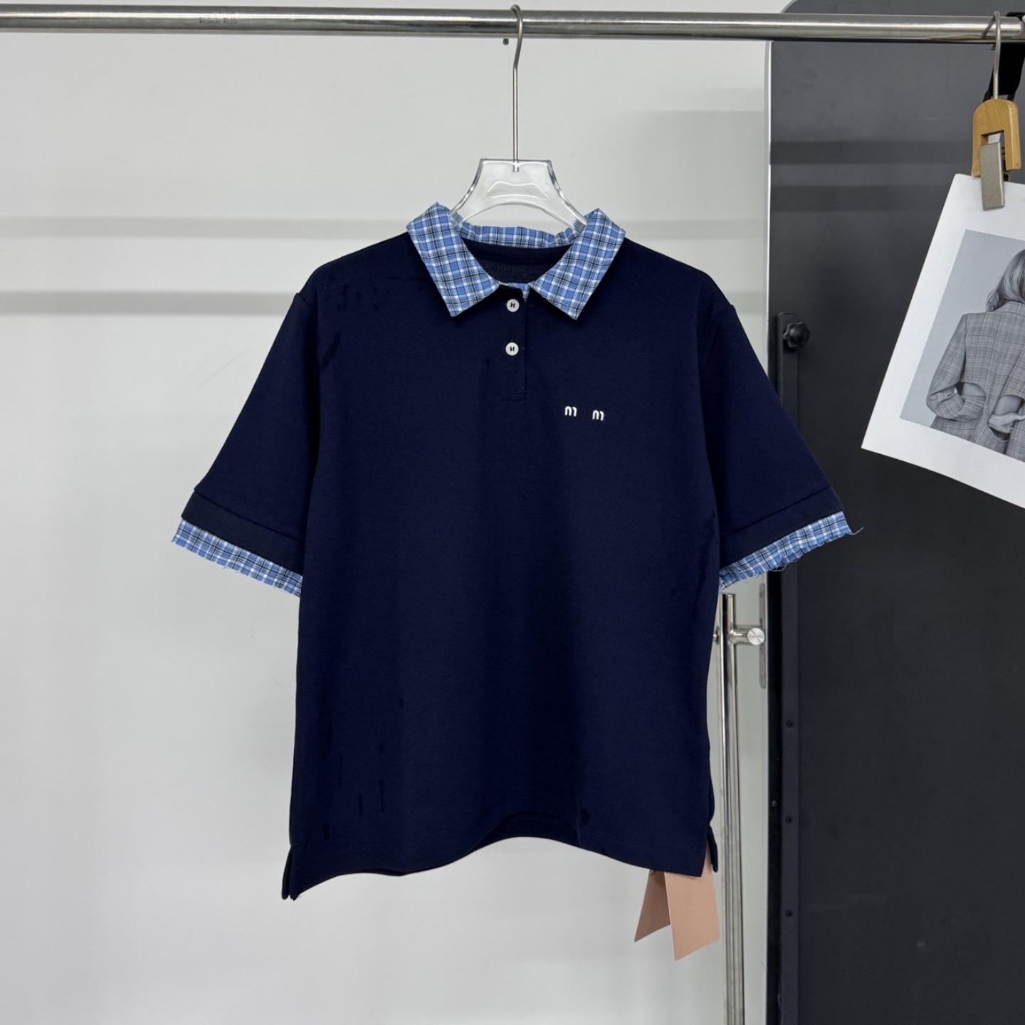 25 Spring New MIU Age-Reducing Celebrity Style Striped Patchwork Turn-Down Collar Fake Two-Piece Polo Shirt Short Sleeve T-Shirt