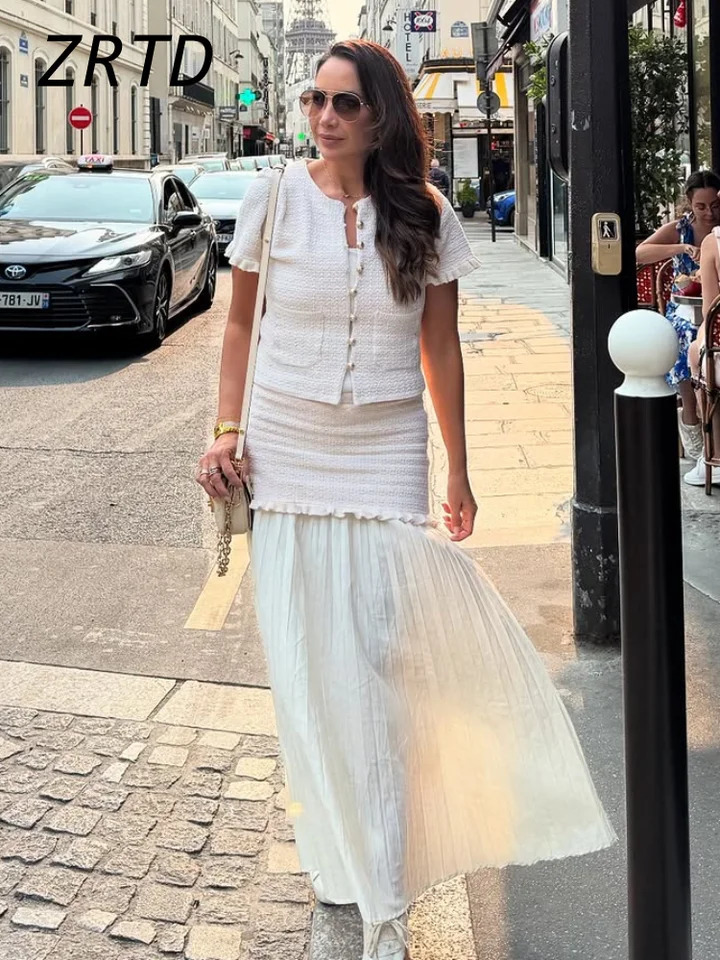 Elegant Knit Cardigan Skirt Sets Women Oneck Short Sleeve Single Breasted Top Spliced Long Skirts Summer Lady Beach Outfit 250709