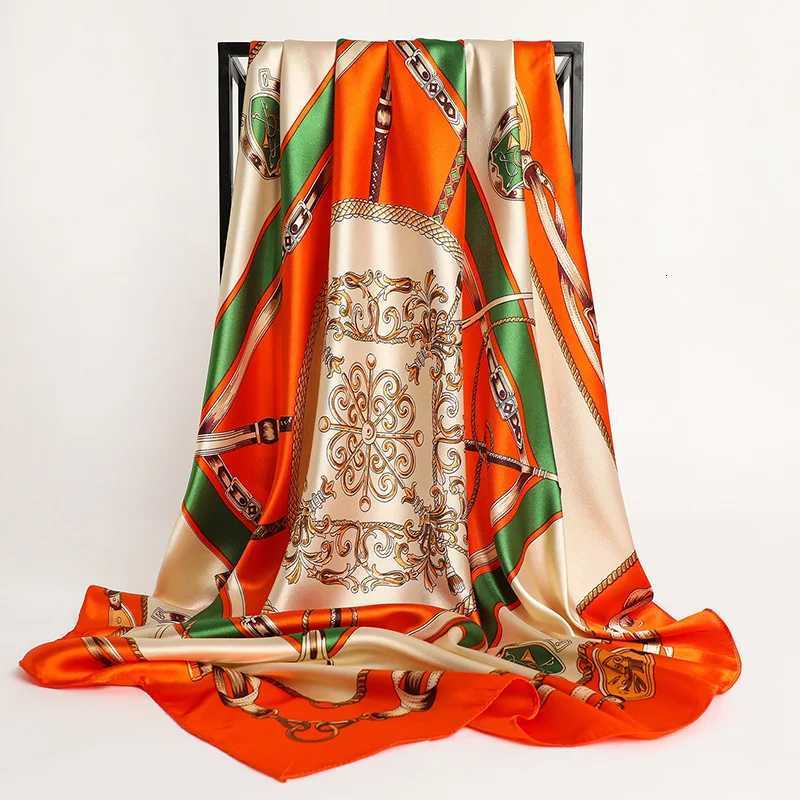 90*90cm Silk Scarf Handkerchiefs Hair Print Satin Big Square Silk Scarves Shawls for Women Luxury Brand Designer Hijab Headband M250709