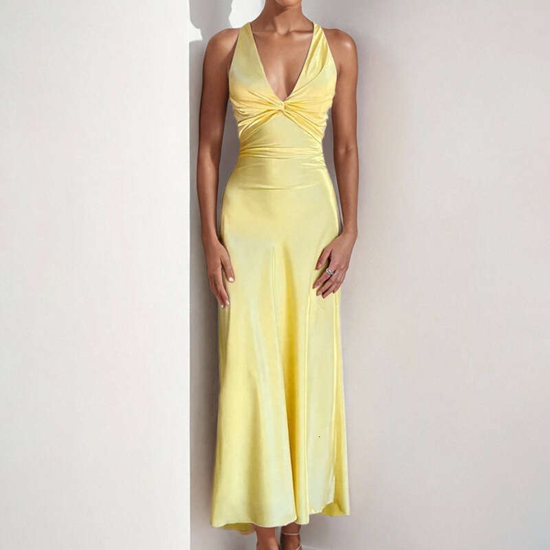 Spring New Women's Satin Elegant Tie Sexy Backless Halter Dress B5