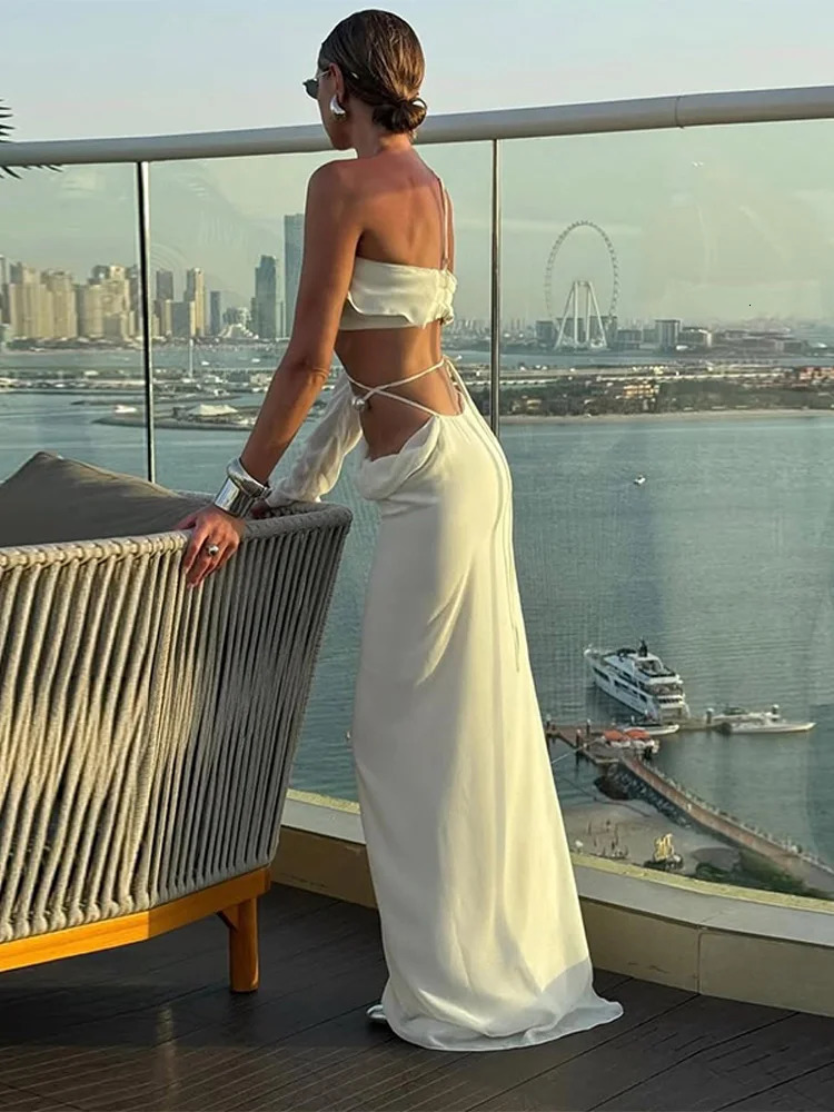 Single Sleeve Lace Up Tube Top Solid Color Straight Long Skirt Womens Set Slim Chic Off Shoulder Casual Fashion Suits 250709