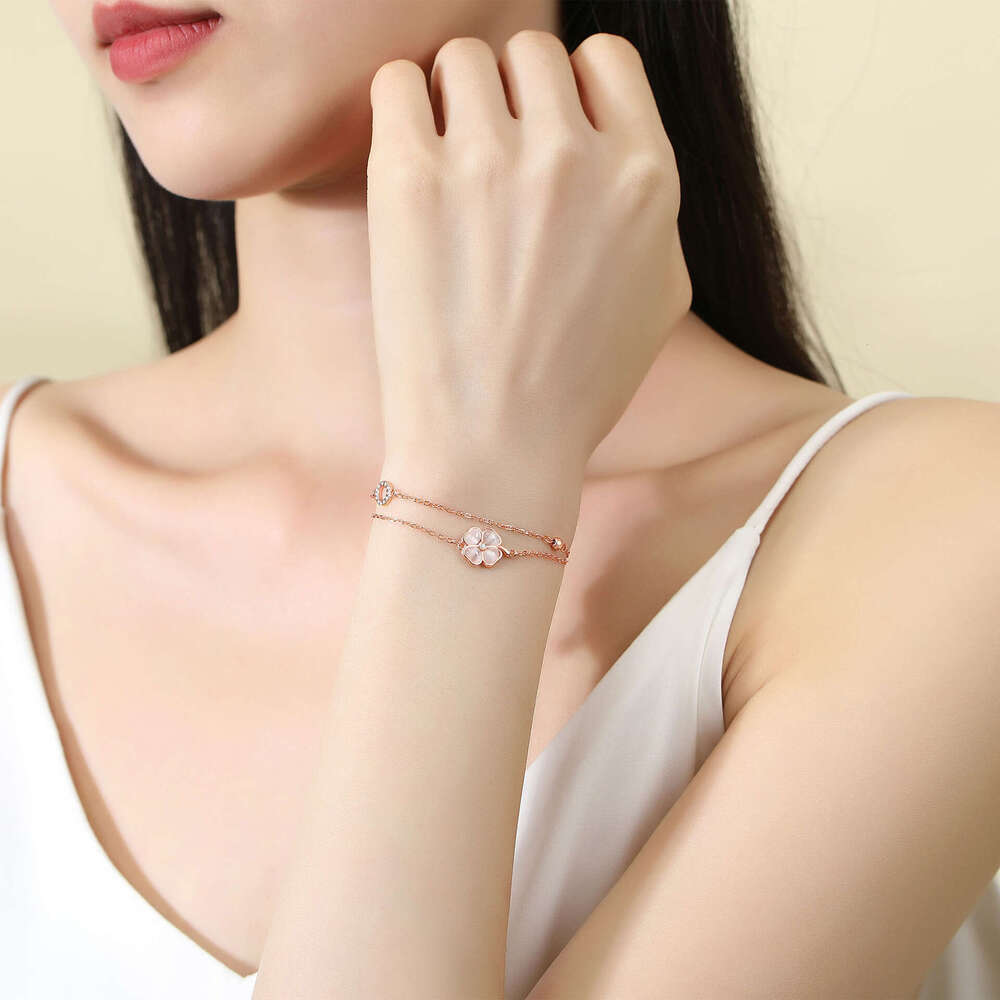 DHcollections Pink Four-Leaf Clover Women Heart-Shaped Cat's Eye Stone Double-Layer Bracelet Fresh Sweet Ins Style Summer Jewelry for Girls
