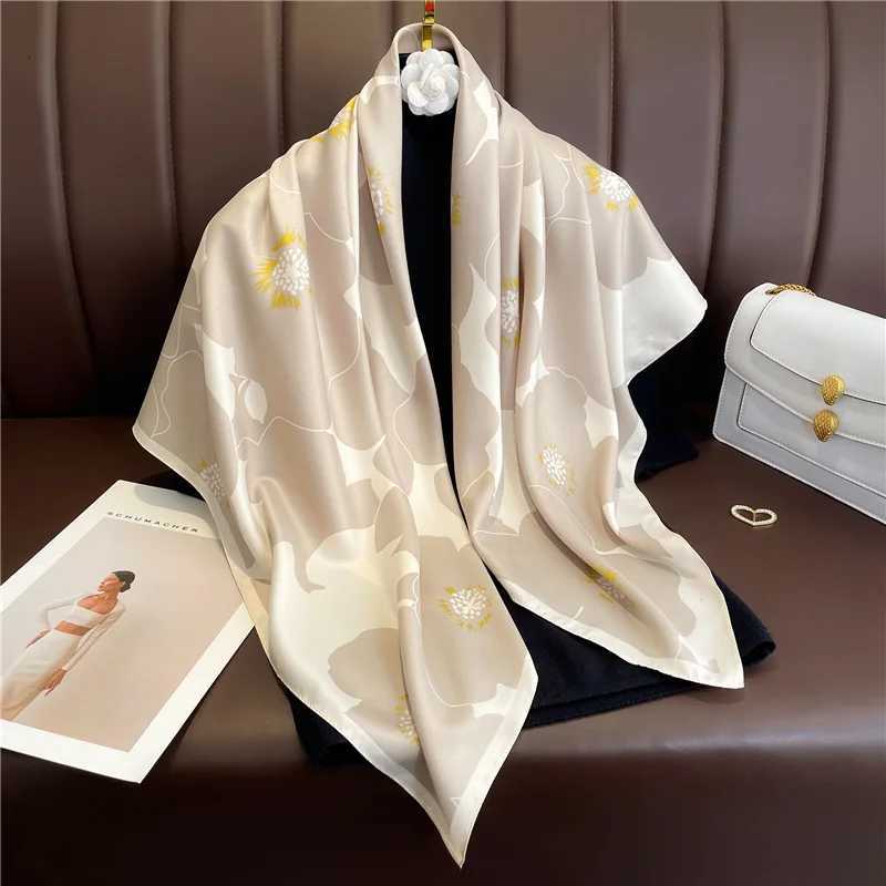 90*90cm Silk Scarf Women Popular Print Foulard Satin Square Head Hijab Luxury Brand Shawl Bandanna Female Muffler Chiffon Wrap M250709