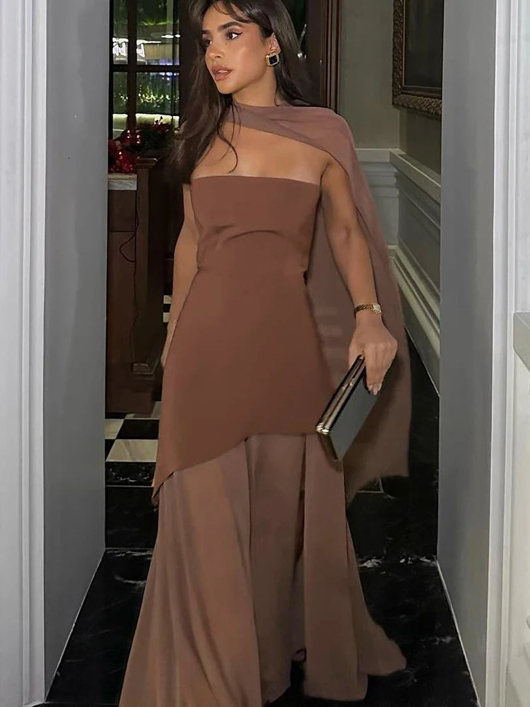 2 Piece Set Halter Shawl Tops Strapless Patchwork Mesh Irregular Dress Summer Matching Outfits 250709