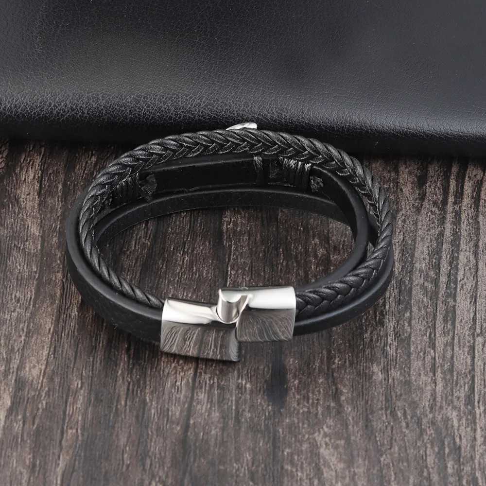 Punk Stainless Steel Anchor Bracelets Genuine Leather Bracelet Bangles for Men Black Color Fashion Jewelry Gift W250709