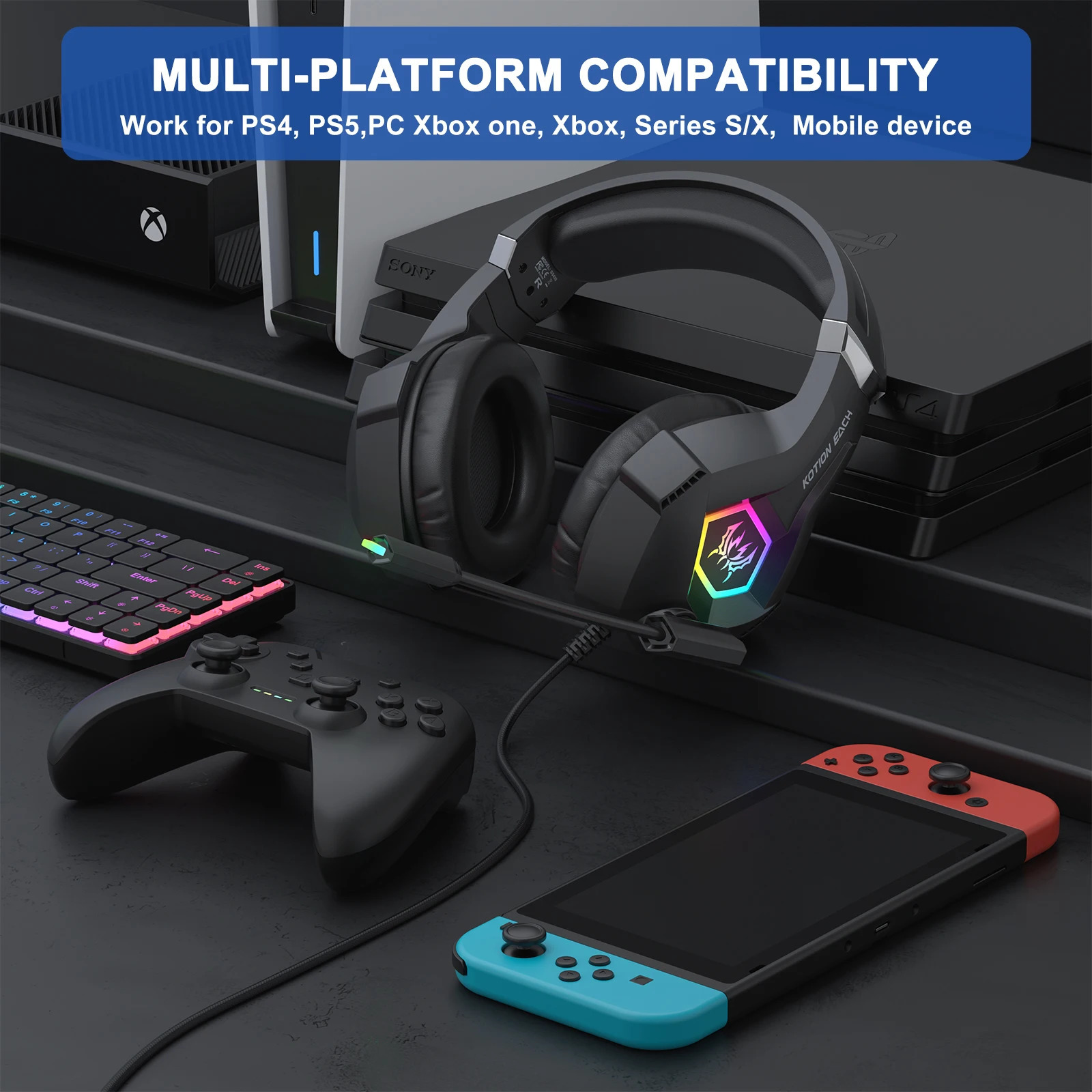 RGB Gaming Headset with Noise Canceling Microphone Surround Sound PC Headphones for PS5 Laptop Mac Computer 250703