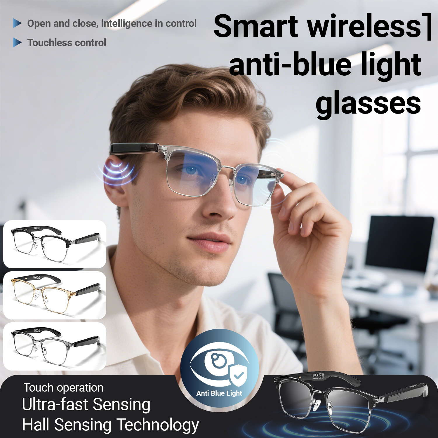 LIGE Smart glasses, adaptive photochromic lenses with light, open ear speakers and microphones Wireless call music control sports outdoor glasses