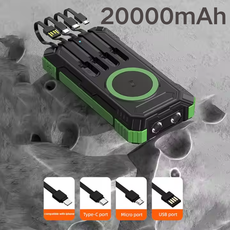 Portable Solar Power Bank 20000mAh Wireless Charger External Battery Charging with Self-charging Cable for All Mobile Devices Camping