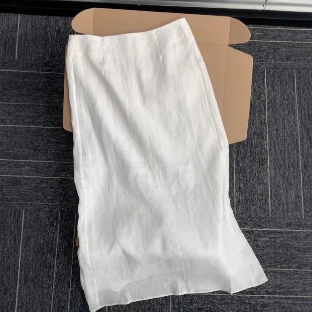 V120 New White Thin Cotton and Linen Skirt Women Summer 2025 New High Waist Medium Length Slit Skirt