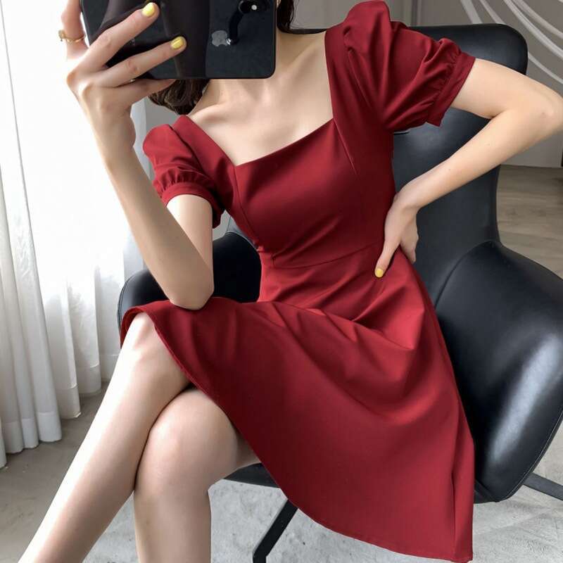 Summer New Hepburn Style Little Black For Plus Size Women, Waist-Cinching Slimming Square Neck Dress Women's Fashion B5