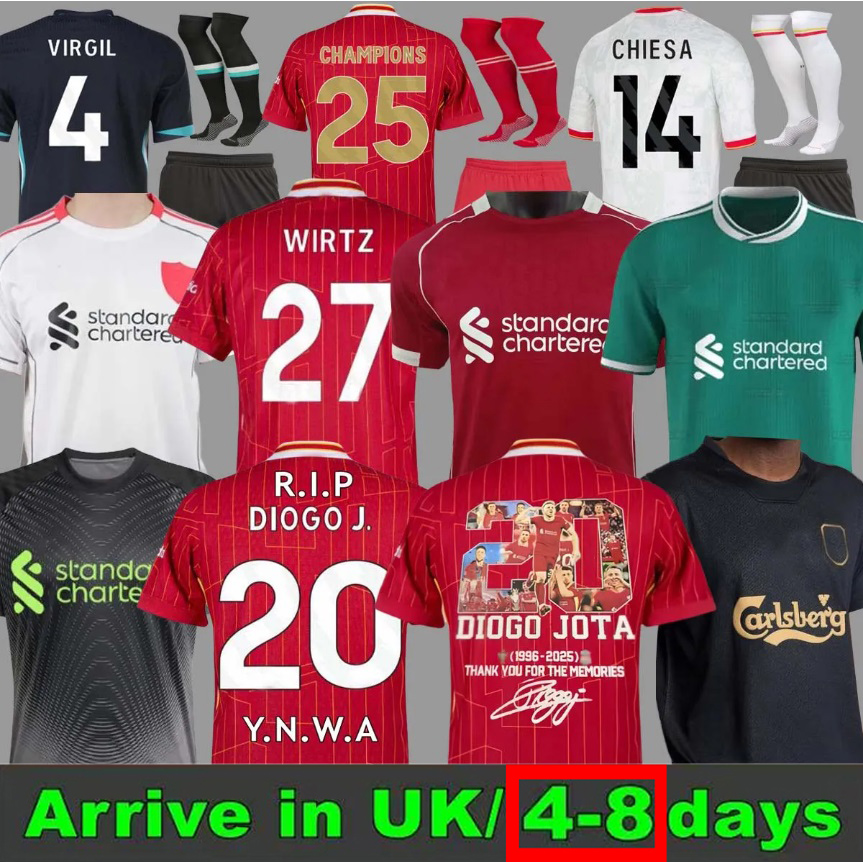 new LUIS DIAZ 7 SZOBOSZLAI 8 DARWIN 9 MAC ALLISTER 10 M SALAH 11 CHIESA 14 DIOGO J 20 soccer jersey 25 26 Third home away Red white green 2025 2026 kids kit men boy set shirt