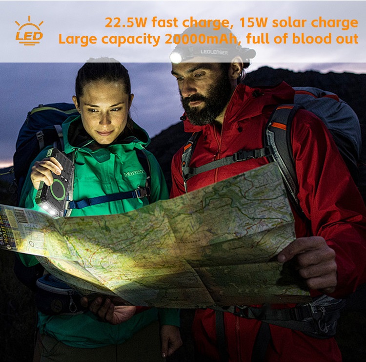 Portable Solar Power Bank 20000mAh Wireless Charger External Battery Charging with Self-charging Cable for All Mobile Devices Camping