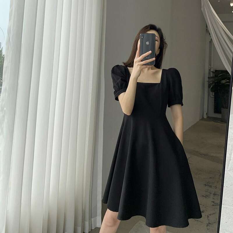 Summer New Hepburn Style Little Black For Plus Size Women, Waist-Cinching Slimming Square Neck Dress Women's Fashion B5