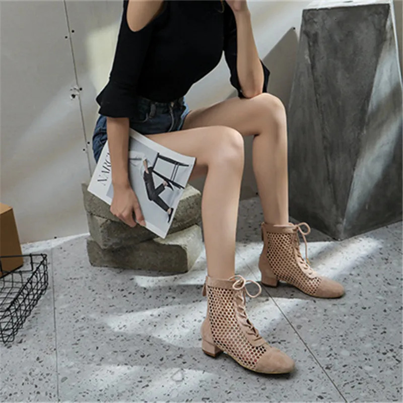 Fashion Sexy Lace-up Mesh Hollow Ankle Boots Zapatos Mujer Elegantes Con Tacones Bajos Charms Zapatos De Mujer Envo Gratis 250708