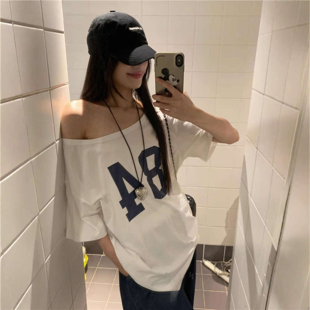 Design Sense Letter Print Off-Shoulder T-Shirt Summer New Casual Loose Mid-Length Student Top For Women B5
