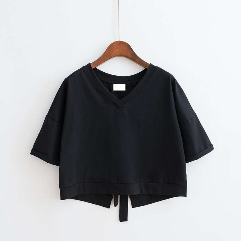Summer Solid Color Backless Patchwork Split V-Neck Loose Top For Female Students With Tie Short Sleeve T-Shirt Women's Clothing B5