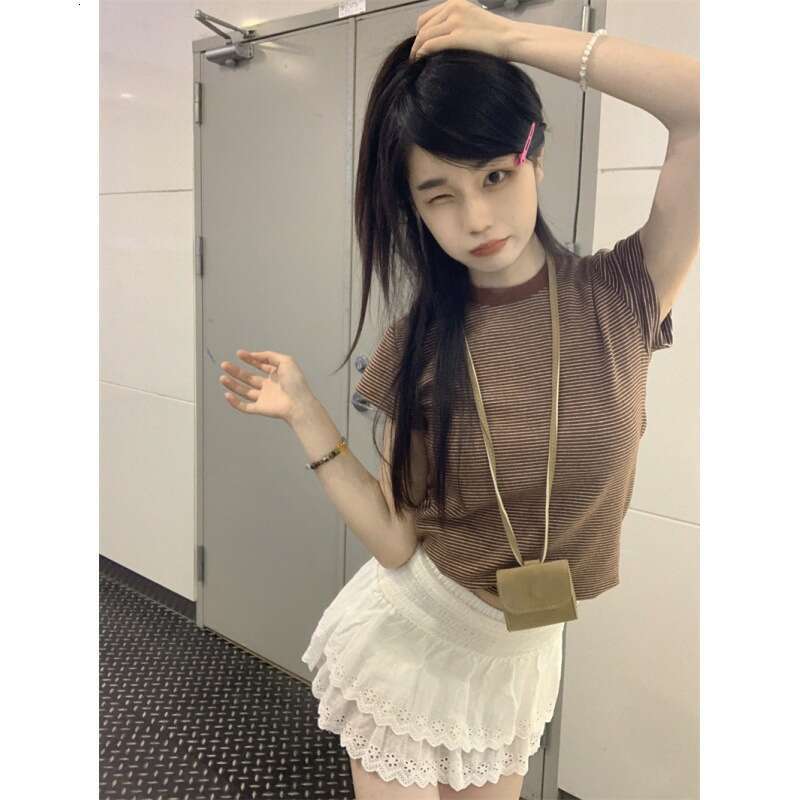 Sleeve Striped T-Shirt For Women Summer Hot Girl Slim Fit Base Shirt Versatile Student Short Top B5