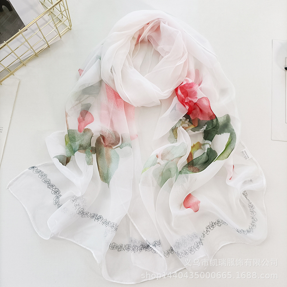 K1323 Women's thin silk scarf Qiaoqi imitation silk versatile neck decoration Korean sunscreen mother style rose spring and autumn scarf