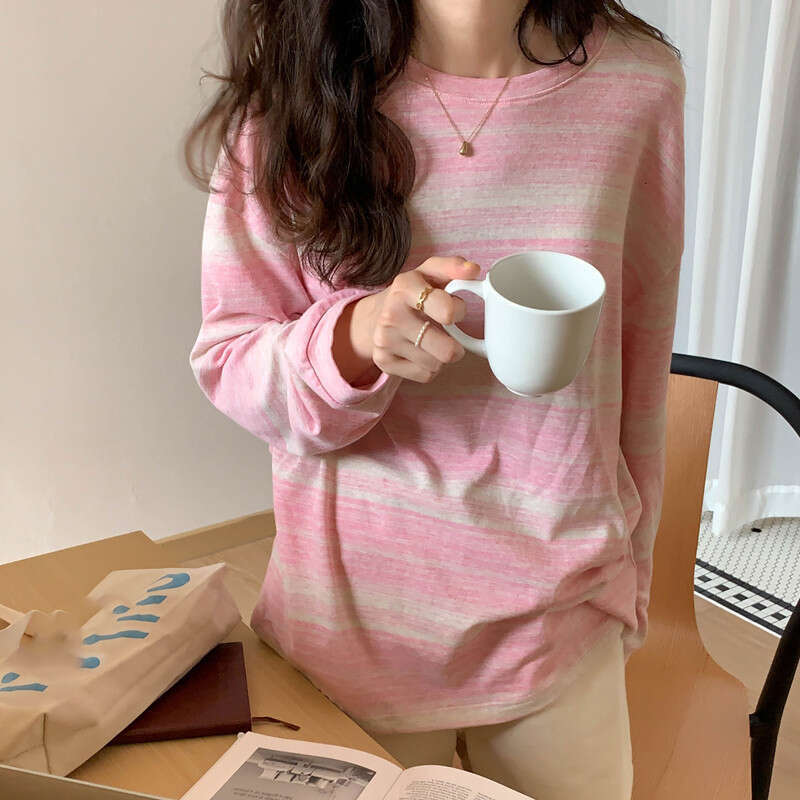 Striped Round Neck Long Sleeve T-Shirt Autumn New Design Loose Student Top Women's Ins Trend B5