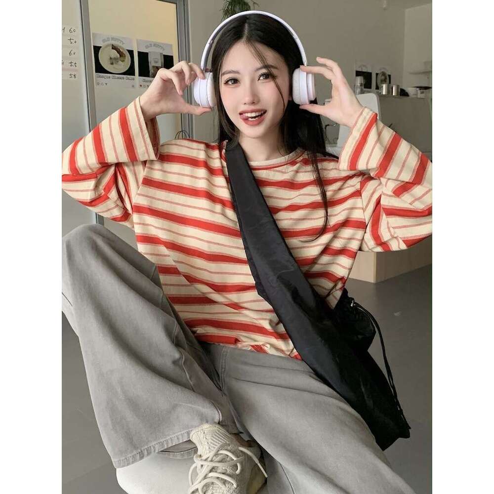 Round Neck Striped Long Sleeve T-Shirt For Women Autumn New Design Loose Slimming Casual Student Split Top B5
