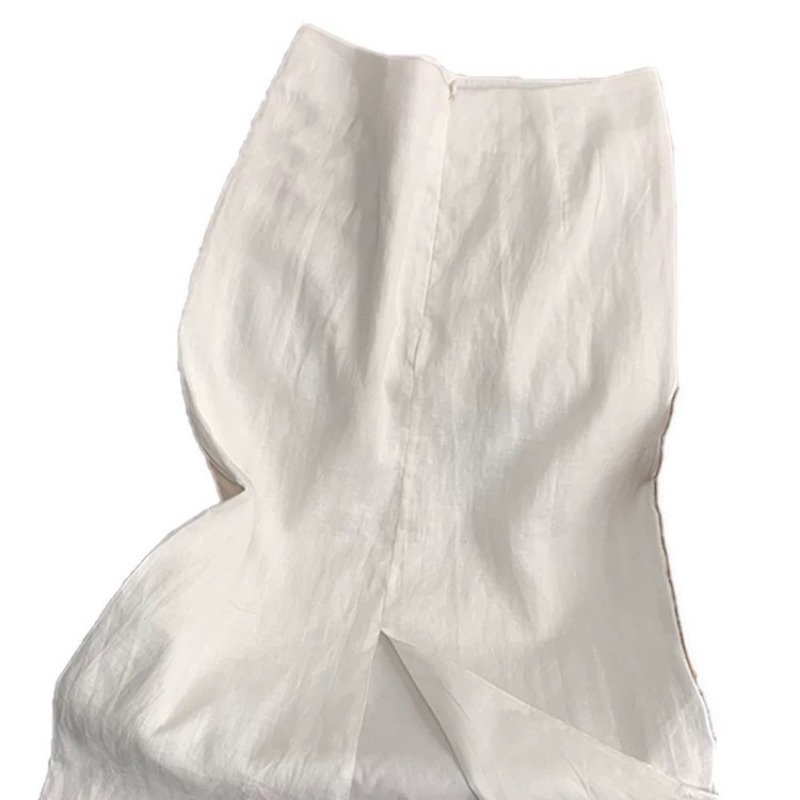 V120 New White Thin Cotton and Linen Skirt Women Summer 2025 New High Waist Medium Length Slit Skirt