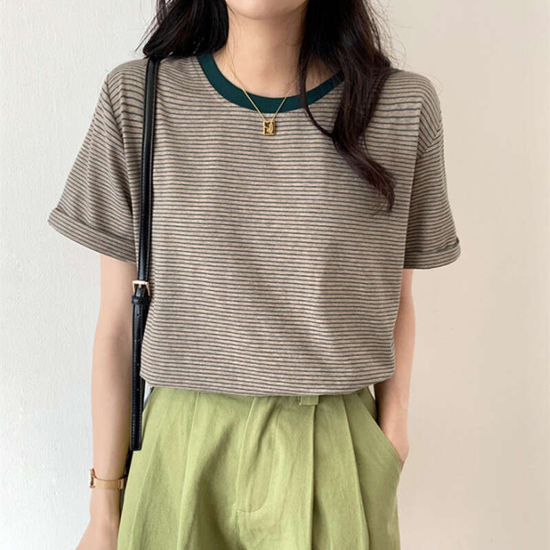 Striped T-Shirt Short Sleeve Women Summer New Round Neck Loose Ins Style Casual Student Top B5
