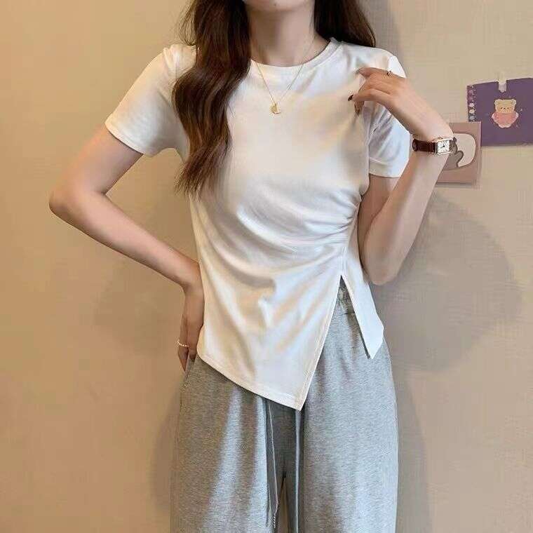 Irregular T-Shirt For Women Summer New Korean Style Waist-Cinching Slimming Side Slit French Splicing Tee Top B5