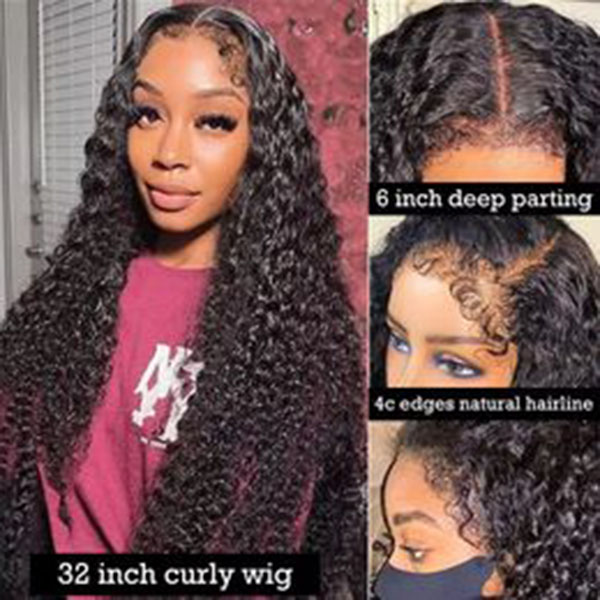 Kinky Curly 4C Edges Frontal Wig Glueless Water Deep Wave 13X6 13X4 HD Transparent Lace Front Human Hair Wigs Sale