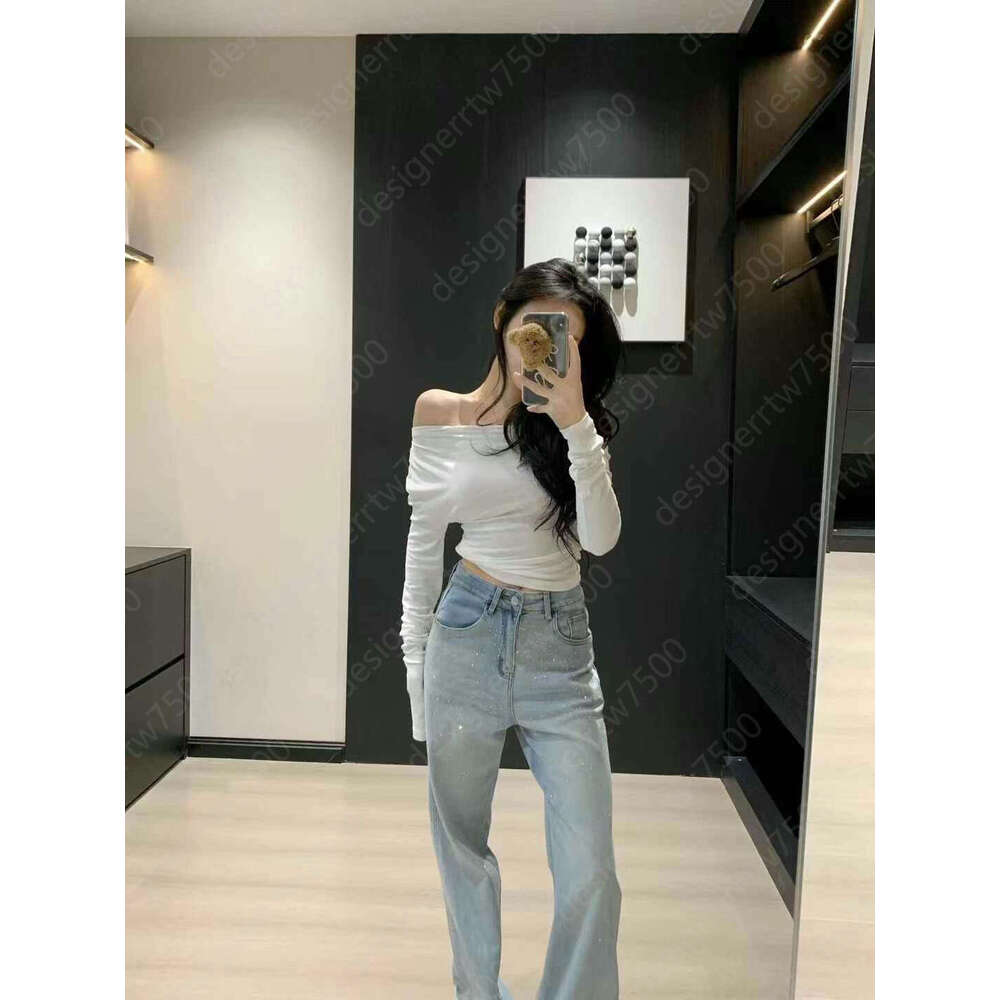 Designer jeans women Spring High Waist jeans Women's Light Blue Rhinestone Straight Wide Leg fashion Slim Fit