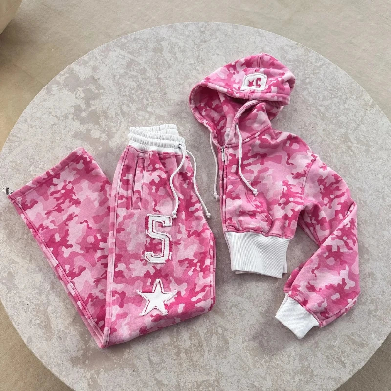 Camouflage Sports Two Piece Sets Womens Outifits Street Hip-hop Womens Two Peice Sets Slim Hoodie Casual Loose Sports Pants 250709