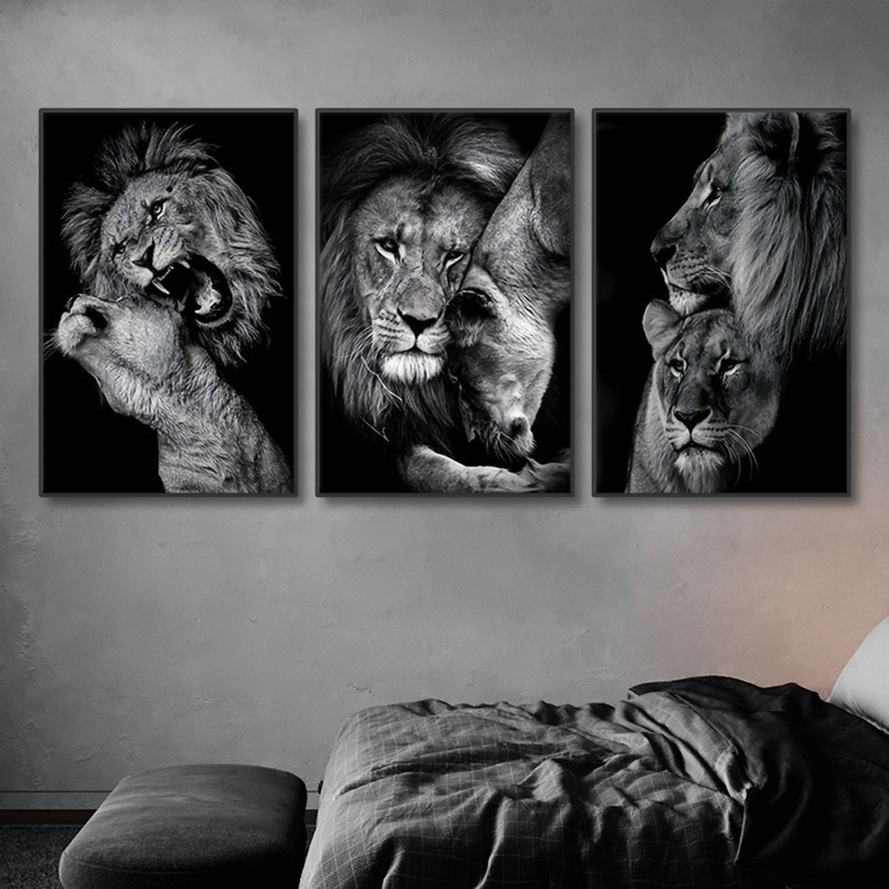 3pcs Modern Lion Family Canvas Wall Art Black and White Animal Poster Pints for Bedroom Decor Aesthetic Wall Art Home Decor