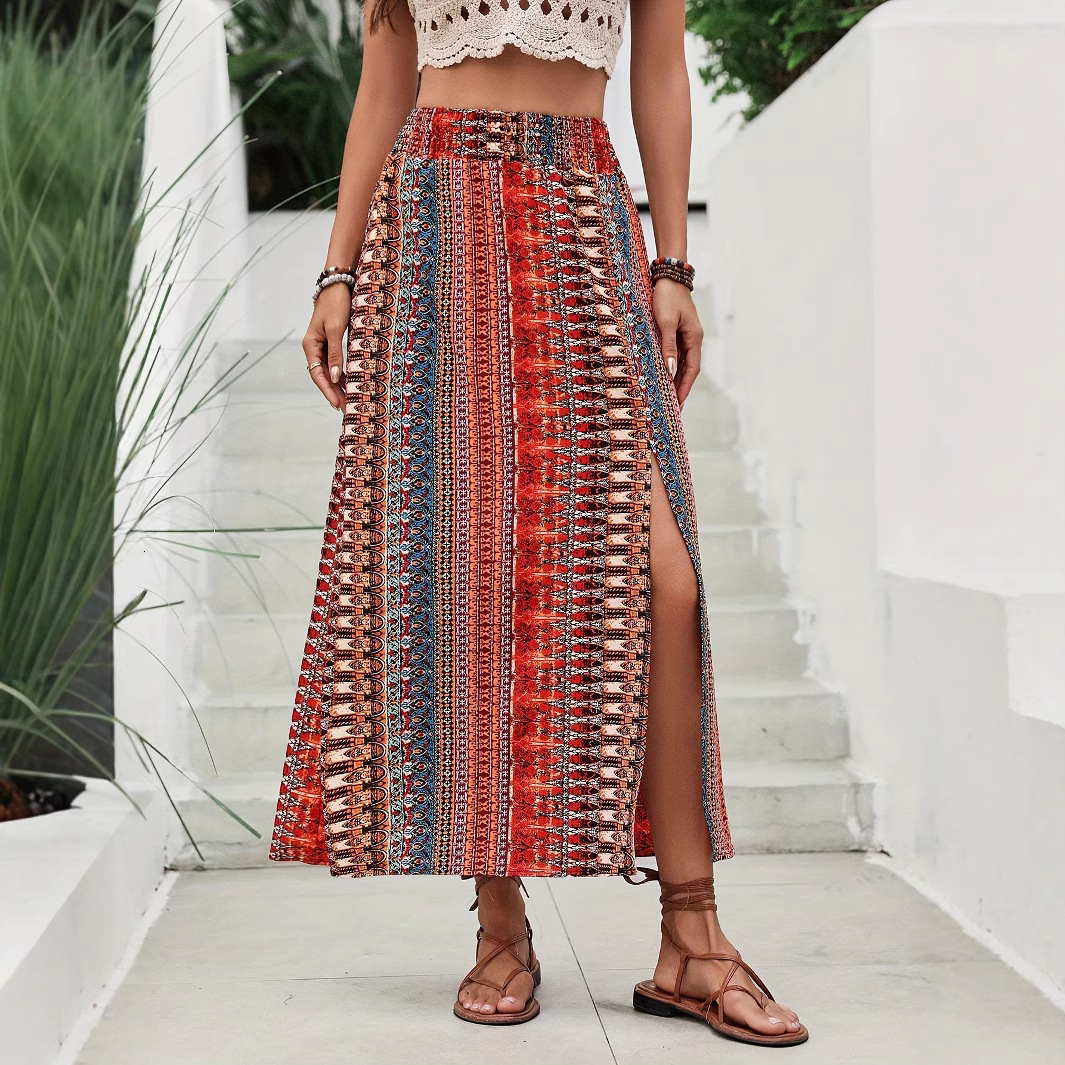 Waist-Cinching Printed Front-Slit Casual Womens Long Fashion Skirt 220701