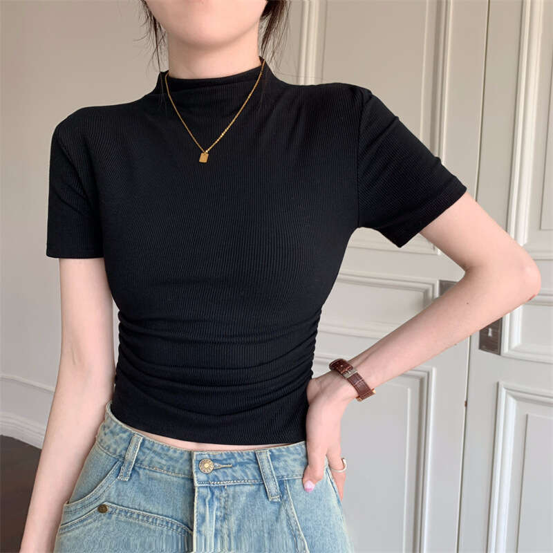 Half Turtleneck Sleeve T-Shirt For Women Summer New Base Shirt Slim Fit Short Student Pleated Top B5