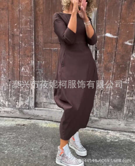 Autumn And Winter New Long Sleeve Casual Solid Color Dress B5