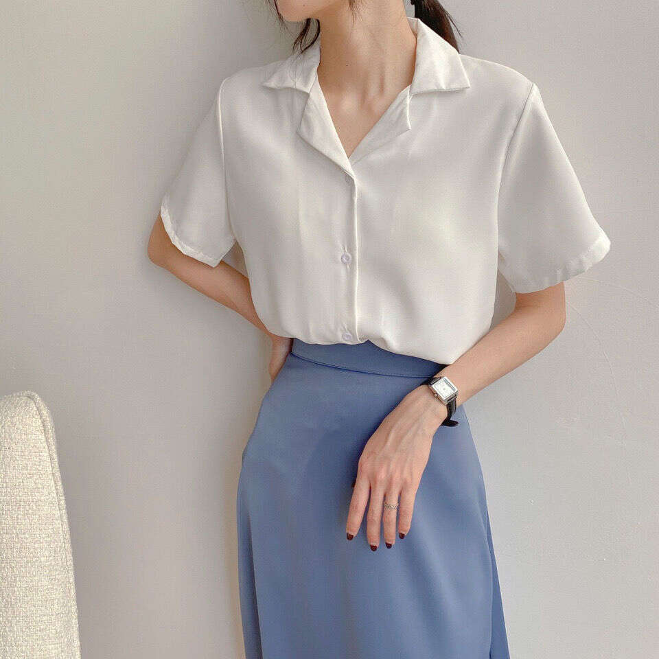 Spring Summer College Style Korean Version Professional Suit Collar Turn-Down Student Short Sleeve Shirt Solid Color Top Women B5