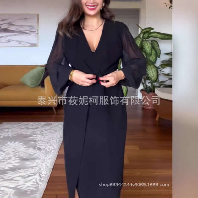 Autumn And Winter Style New Dress Advanced V-Neck Long Sleeve Lace B5