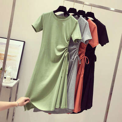 Avocado Green Summer New Ins Waist Slimming Drawstring Stylish Korean Version Student T-Shirt Dress For Women B5