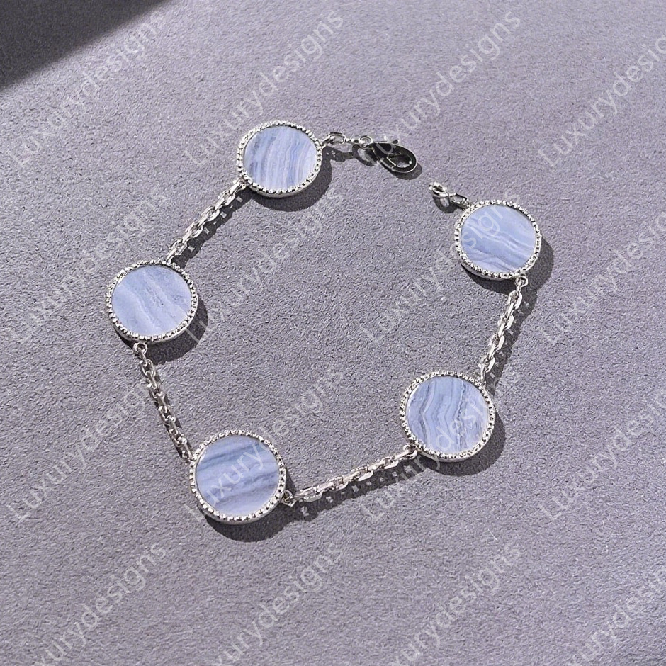 Reversible Designer Bracelet Womens Charm Bracelets S925 Silver 18K V-Gold Plated Natural Chalcedony & MOP Luxury Jewelry Gift Set for Women with Green Box Packing