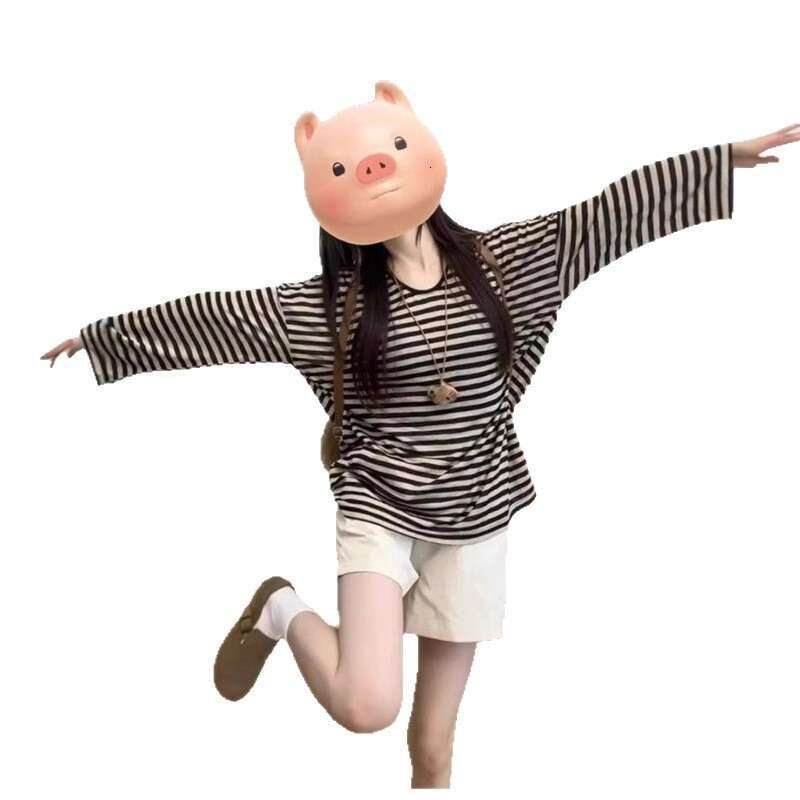 Sun Protection Loose Fit Versatile Long Sleeve T-Shirt For Women Summer New Casual Slimming Striped Mid-Length Top B5