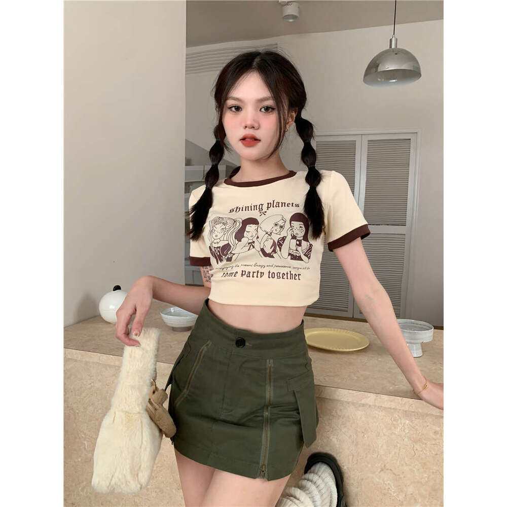 Summer American Style Printed T-Shirt Women, Color-Block Round Neck, Crop Top, Slim Fit Short Sleeve Top For Women B5