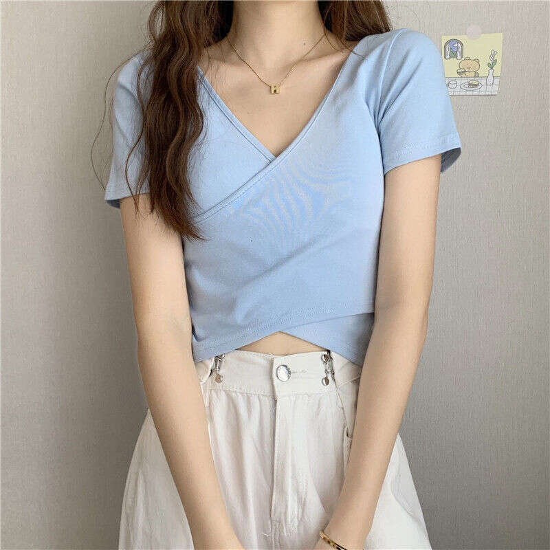 Summer New Design Cross Versatile Slim Fit Sleeve T-Shirt Korean Style Short Solid Color Top For Women B5