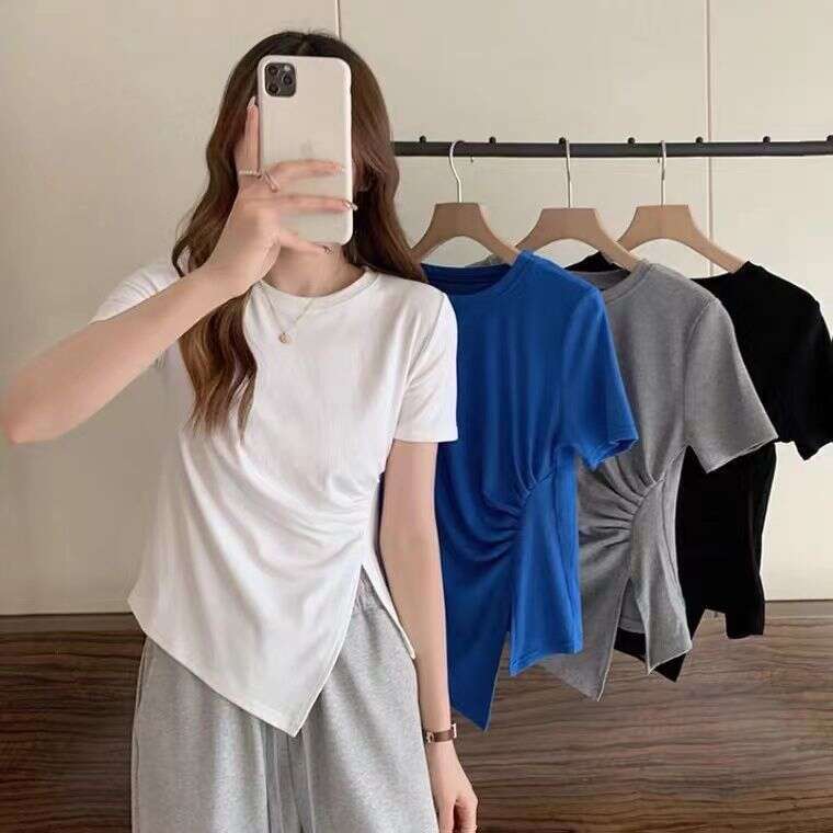 Irregular T-Shirt For Women Summer New Korean Style Waist-Cinching Slimming Side Slit French Splicing Tee Top B5