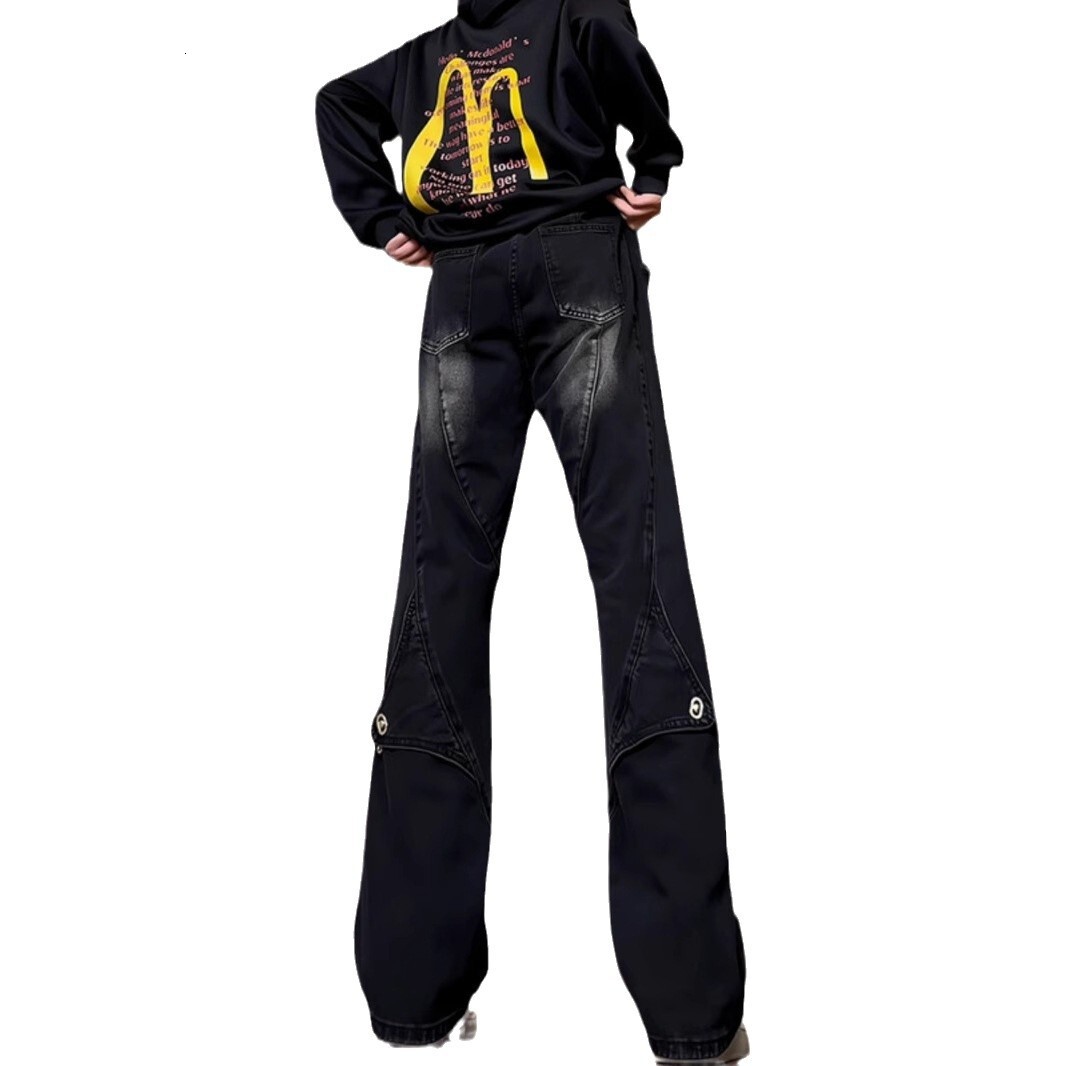 Designer Black Patchwork Casual Work Jeans, Men's Long Pants, Hip-hop Luxury Pants, High Street Slim-fit Pants, Flared Pants