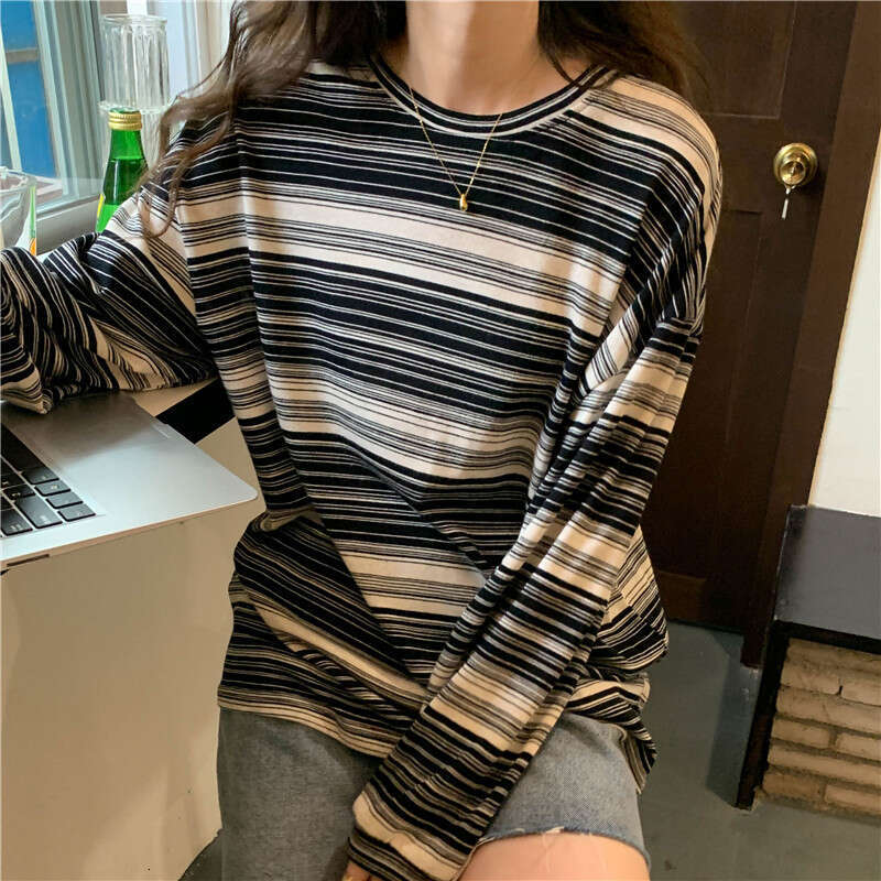Striped Round Neck Long Sleeve T-Shirt Autumn New Design Loose Student Top Women's Ins Trend B5