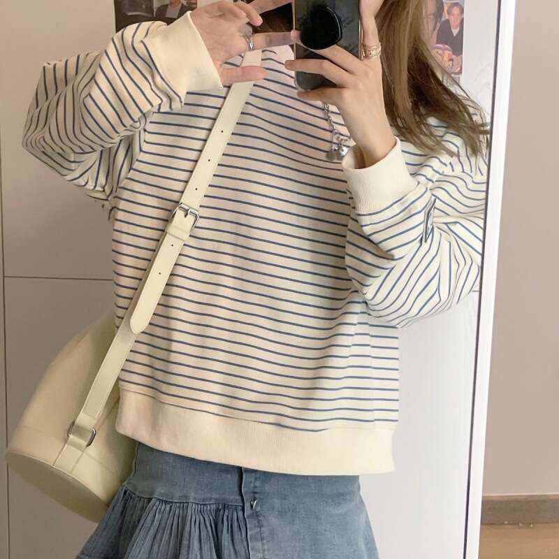 Women's Sweatshirt Early Autumn New Korean Style Loose Design Striped Top Round Neck Pullover Long Sleeve T-Shirt Trendy B5